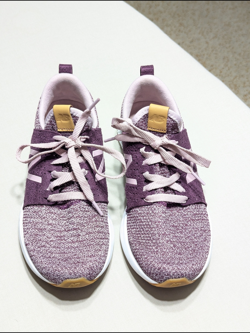 New Balance Women's Plum Knit Sneakers with Pale Pink and Gold Accents